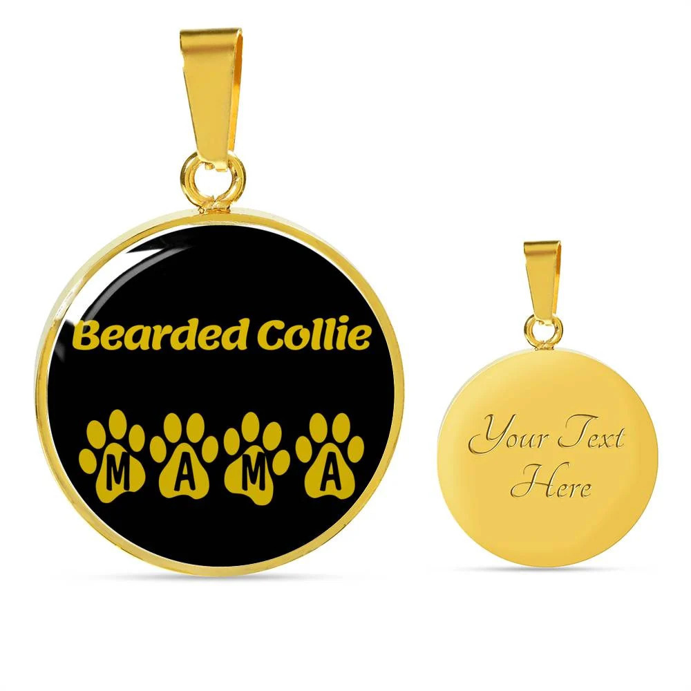 Bearded Collie Mama Personalized Engraved Gold Circle Necklace Custom Name Date